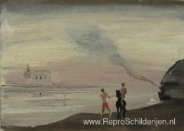 Man te paard en zwemmer staand Man te paard en zwemmer staand