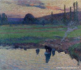 Lavandiere op de vijverbank Lavandiere op de vijverbank