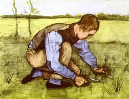 Jongen die gras maait met een sikkel Jongen die gras maait met een sikkel