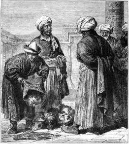 Turkmenen die oorlogstrofeeën vertegenwoordigen voor Khiva Khan Turkmenen die oorlogstrofeeën vertegenwoordigen voor Khiva Khan