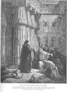 De Egyptenaren vragen Mozes om te vertrekken De Egyptenaren vragen Mozes om te vertrekken