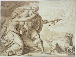 Adonis wordt tegengehouden door Venus terwijl hij gaat jagen Adonis wordt tegengehouden door Venus terwijl hij gaat jagen