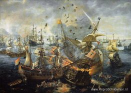 De explosie van het Spaanse vlaggenschip tijdens de Slag om Gibr De explosie van het Spaanse vlaggenschip tijdens de Slag om Gibr