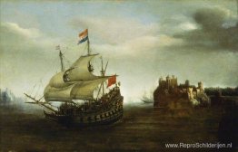Een kasteel met een schip dat vlakbij vaart Een kasteel met een schip dat vlakbij vaart