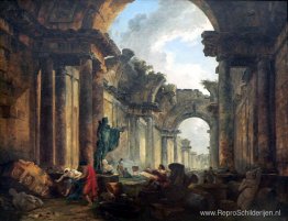 Denkbeeldig zicht op de grote galerij van het Louvre in ruïnes Denkbeeldig zicht op de grote galerij van het Louvre in ruïnes