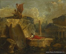 Tekenaars in een landschap met antieke ruïnes Tekenaars in een landschap met antieke ruïnes