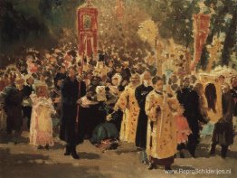 Religieuze processie in een eikenbos. Uiterlijk van het pictogra Religieuze processie in een eikenbos. Uiterlijk van het pictogra