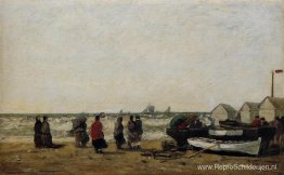 Vrouwen op het strand, ruwe zee Vrouwen op het strand, ruwe zee