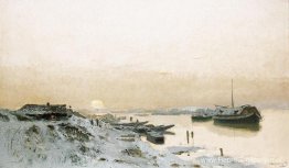Zonsopgang in de besneeuwde rivieroever Zonsopgang in de besneeuwde rivieroever