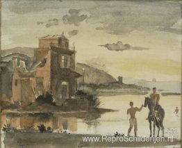 Ruiter en zwemmer met huis Ruiter en zwemmer met huis