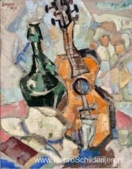 Hoed, groene fles en gitaar Hoed, groene fles en gitaar