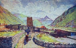 Georgië. Kazbek. Uitzicht op de berg Kabardzhino en het dorp Georgië. Kazbek. Uitzicht op de berg Kabardzhino en het dorp