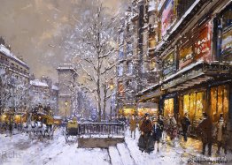 Grands Boulevard en Porte St. Denis, onder de sneeuw Grands Boulevard en Porte St. Denis, onder de sneeuw