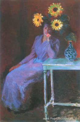Portret van Suzanne Hoschede met zonnebloemen Portret van Suzanne Hoschede met zonnebloemen