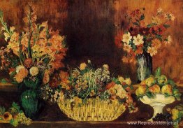 Vaas, mand met bloemen en fruit Vaas, mand met bloemen en fruit