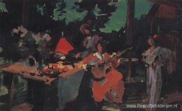 Op een terras. Avond in het land Op een terras. Avond in het land