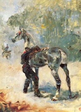 Artillerist die zijn paard zadelt Artillerist die zijn paard zadelt