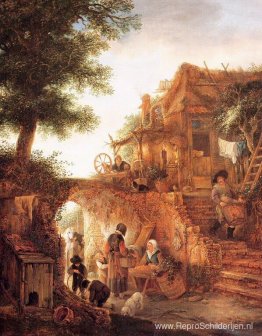 Vrouw verkoopt fruit bij een huisje Vrouw verkoopt fruit bij een huisje