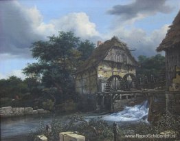 Twee watermolens en een open sluis Twee watermolens en een open sluis