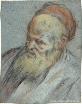 Borstomvangstudie van een bebaarde man met pet in driekwartaanzi Borstomvangstudie van een bebaarde man met pet in driekwartaanzi