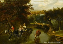 Een boslandschap met boeren in een door paarden getrokken kar di Een boslandschap met boeren in een door paarden getrokken kar di
