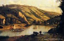 Een uitgestrekt rivierlandschap, waarschijnlijk Derbyshire, met Een uitgestrekt rivierlandschap, waarschijnlijk Derbyshire, met