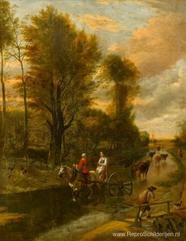 Een door paarden getrokken kar met twee vrouwen die over een ond Een door paarden getrokken kar met twee vrouwen die over een ond