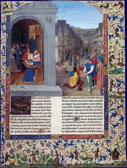 Boccaccio's De Casibus-schrift. Een koerier die Luvrs aflevert b Boccaccio's De Casibus-schrift. Een koerier die Luvrs aflevert b