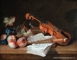 Stilleven met een viool, een blokfluit, boeken, een portfolio me Stilleven met een viool, een blokfluit, boeken, een portfolio me