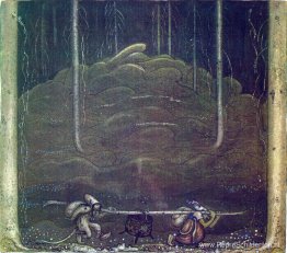 Toen het avond werd, sloop de trollenmoeder en de jongen de berg Toen het avond werd, sloop de trollenmoeder en de jongen de berg