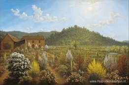 Een zicht op het huis en de tuin van de kunstenaar, in Mills Pla Een zicht op het huis en de tuin van de kunstenaar, in Mills Pla