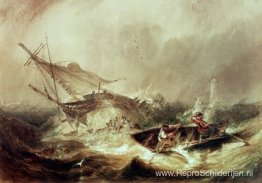 Roeien om schipbreukelingen te redden voor de kust van Northumbe Roeien om schipbreukelingen te redden voor de kust van Northumbe