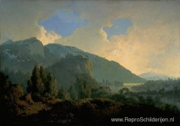 Een Italiaans landschap met bergen en een rivier Een Italiaans landschap met bergen en een rivier