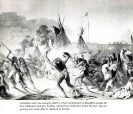 Assiniboin- en Cree-krijgers vallen Blackfeet aan Assiniboin- en Cree-krijgers vallen Blackfeet aan