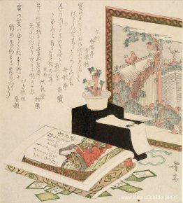 Kaarten, Fukujuso-bloemen en scherm Kaarten, Fukujuso-bloemen en scherm