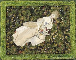 Dame met de hond, ontspannend op het gazon Dame met de hond, ontspannend op het gazon