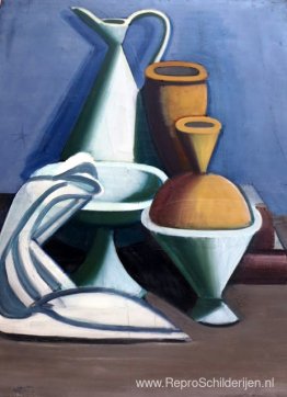 Stilleven met waterkan, handdoek en potten Stilleven met waterkan, handdoek en potten