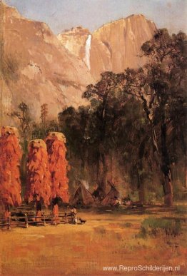 Eikelgraanschuren, bij het Piute-indianenkamp in Yosemite Eikelgraanschuren, bij het Piute-indianenkamp in Yosemite