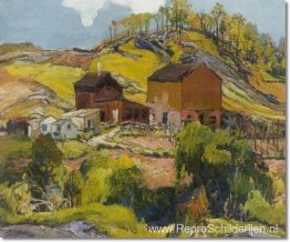 Heuvelachtig landschap met huizen Heuvelachtig landschap met huizen