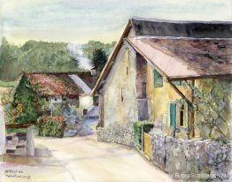 Oude boerderij in het Zwitserse dorp Saint-Triphon, aquarelkunst Oude boerderij in het Zwitserse dorp Saint-Triphon, aquarelkunst