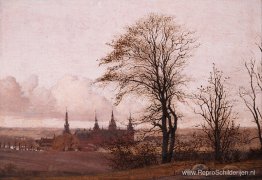Herfstlandschap, kasteel Frederiksborg op de middellange afstand Herfstlandschap, kasteel Frederiksborg op de middellange afstand