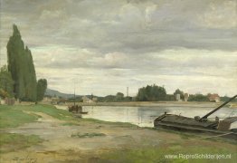 Rivierlandschap met afgemeerd schip Rivierlandschap met afgemeerd schip