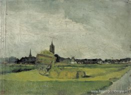 Landschap met hooiwagen, kerktorens en windmolen Landschap met hooiwagen, kerktorens en windmolen
