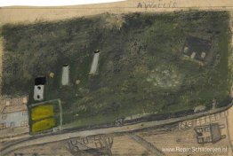 Landschap met veld, schoorstenen en weg tussen blauwe en donkerg Landschap met veld, schoorstenen en weg tussen blauwe en donkerg