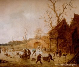 Een winterlandschap met schaatsers, spelende kinderen en figuren Een winterlandschap met schaatsers, spelende kinderen en figuren