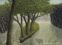 Dieren die een overstroomde rivier oversteken met een waterval i Dieren die een overstroomde rivier oversteken met een waterval i