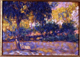 Landschap met eucalyptusbomen en rivier. Bomen voor een rivier Landschap met eucalyptusbomen en rivier. Bomen voor een rivier