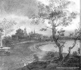 Landschap met een rivier op een maanverlichte nacht Landschap met een rivier op een maanverlichte nacht