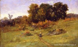 Landschap met vrouw die op pad loopt Landschap met vrouw die op pad loopt
