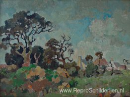 Landschap met bomen en huizen Landschap met bomen en huizen